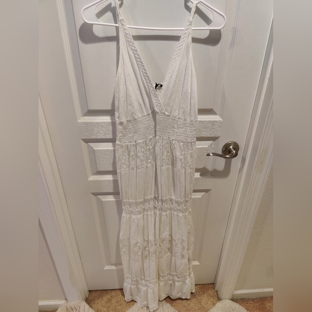 White Bohemian Crochet V Neck Long Maxi Dress